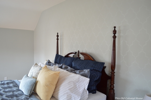 Cutting Edge Stencil accent wall in master bedroom 