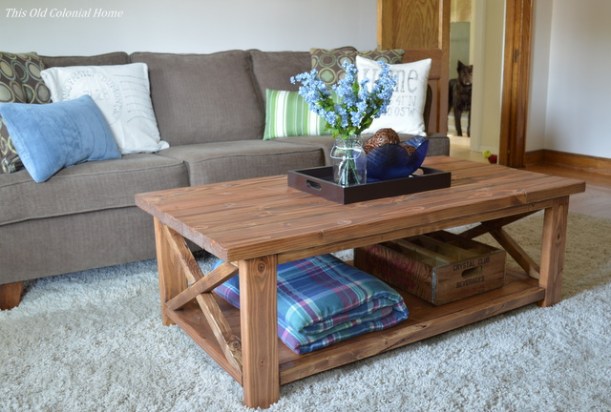 Rustic coffee table with blue and green accents