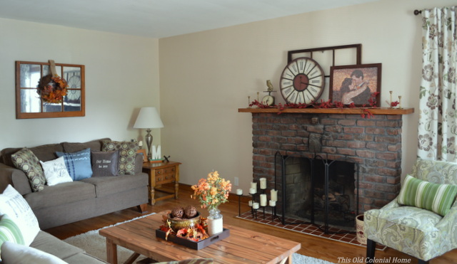 Fall mantel and wreath and coffee table