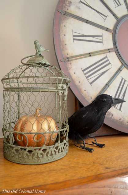 Crow and bird cage with gold pumpkin