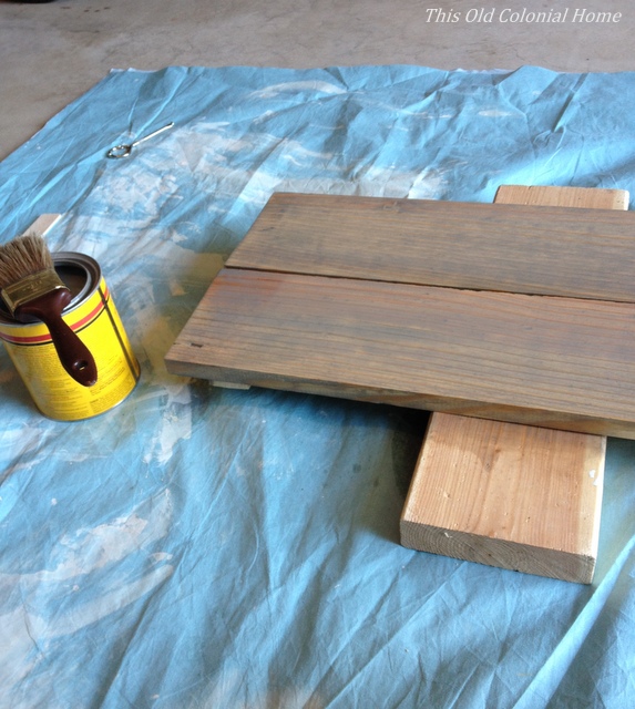 Weather oak stain applied to wood