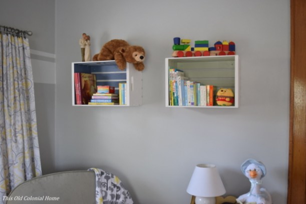 DIY wood crate bookshelves for nursery 
