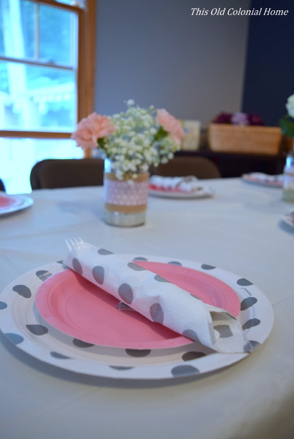pink gray polka dot baby shower plates